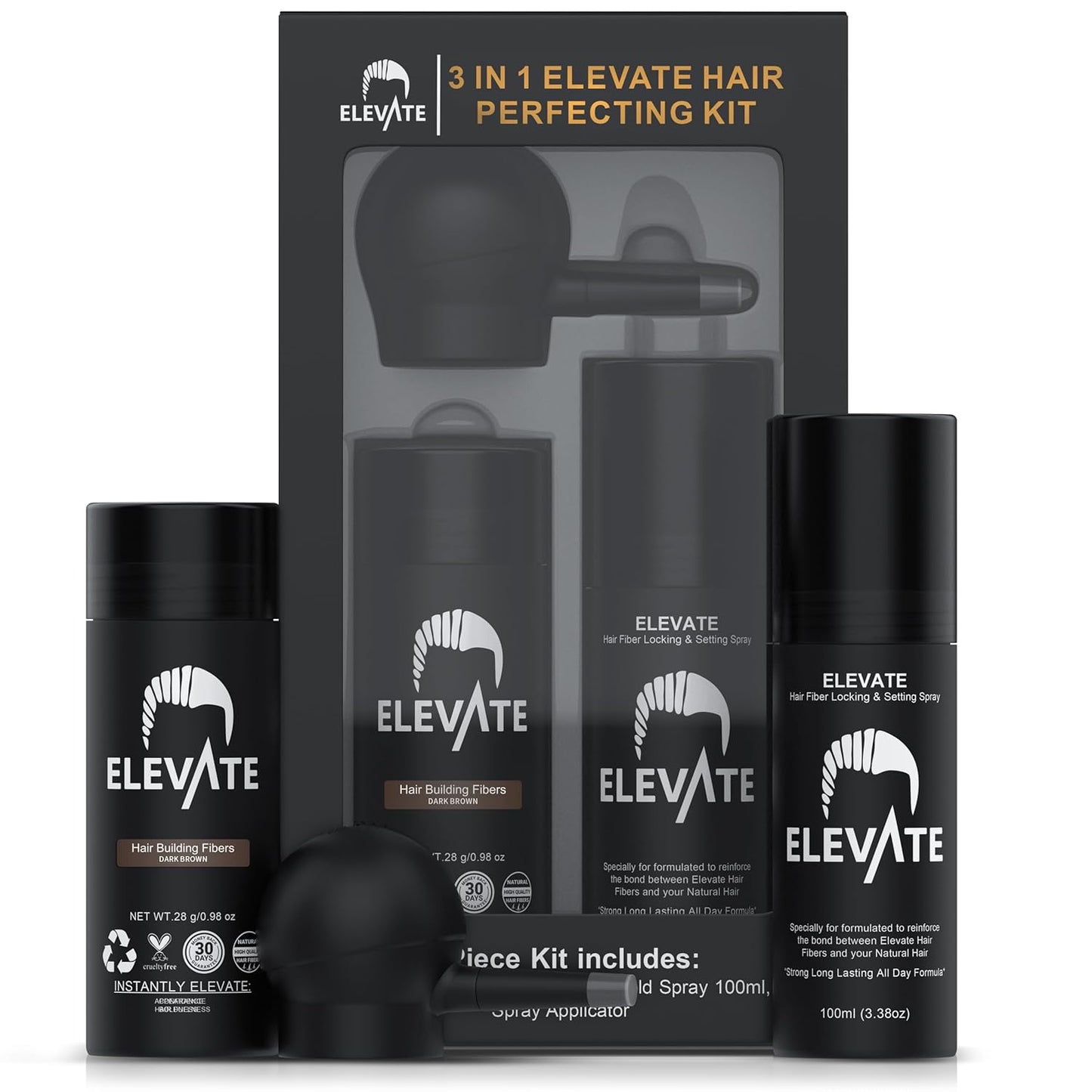 ELEVATE Hair Perfecting 3-in-1 Kit Set Includes Natural Thickening Fibers, Applicator Pump Nozzle & Locking Hold Spray | Instantly Conceal Balding Areas (Dark Brown)