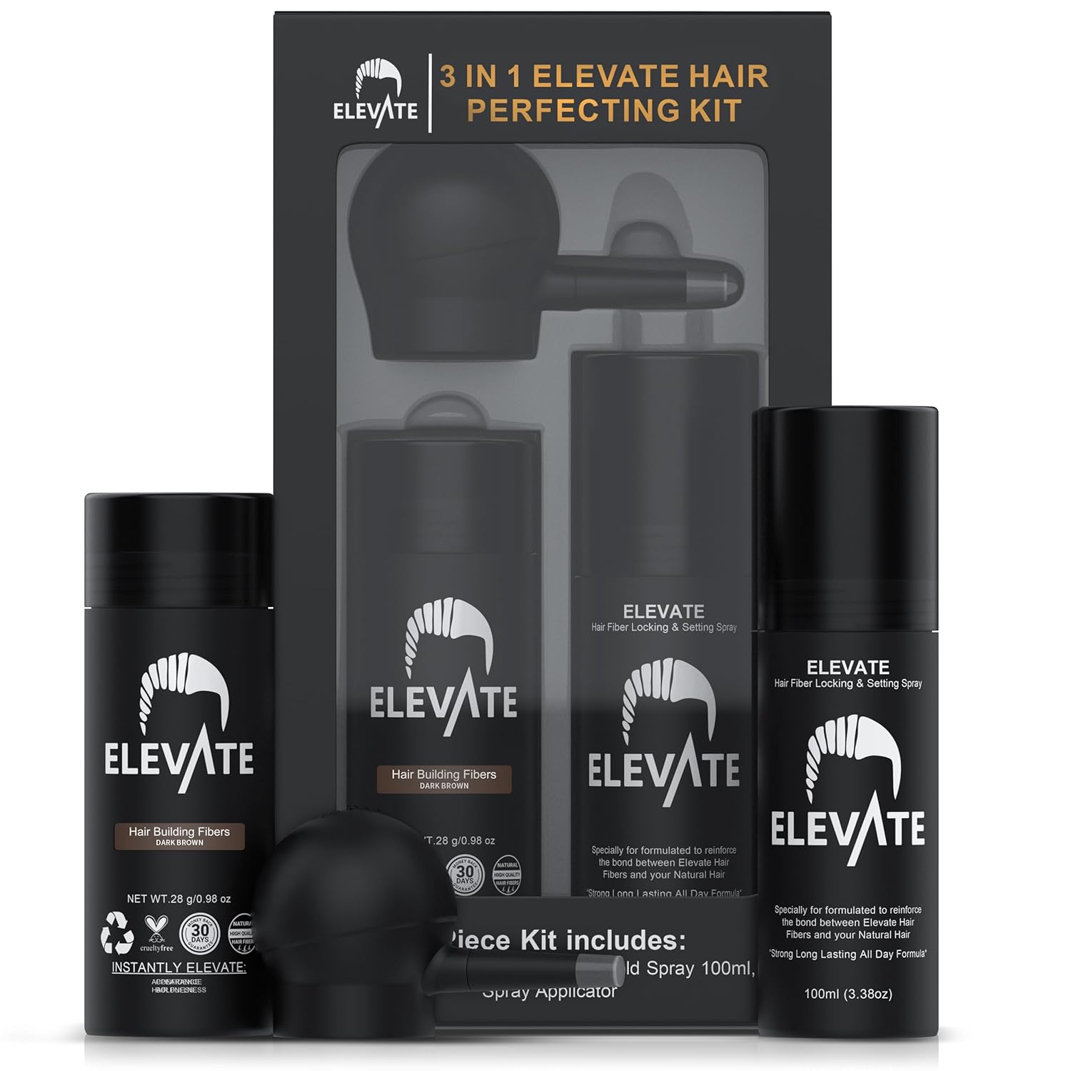 ELEVATE Hair Perfecting 3-in-1 Kit Set Includes Natural Thickening Fibers, Applicator Pump Nozzle & Locking Hold Spray | Instantly Conceal Balding Areas (Dark Brown)