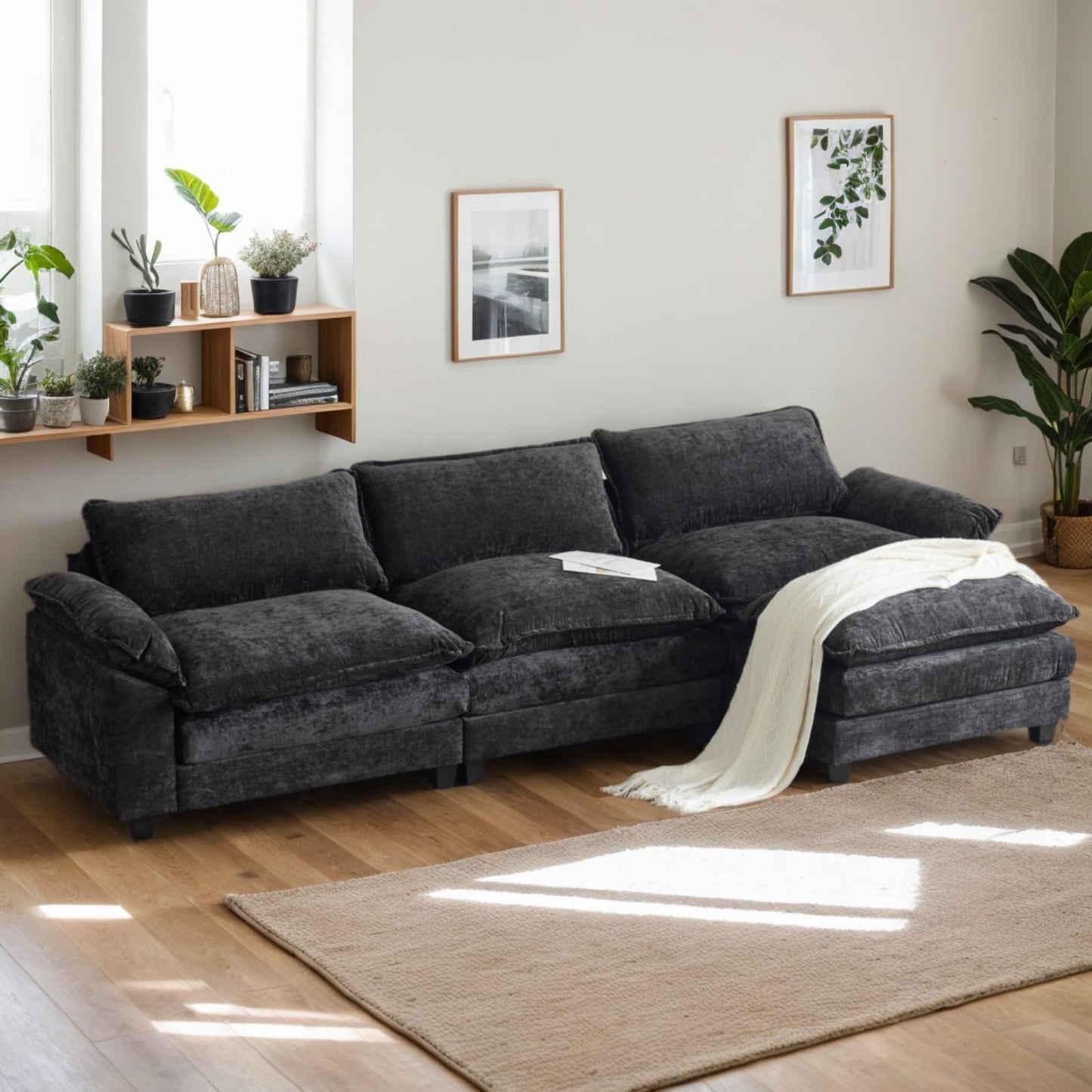 Karl home Sectional Sofa Modular Deep Seat Sofa Couch with Ottoman, Chenille Sofa Sleeper Comfy Upholstered Furniture for Living Room, Apartment, Studio, Office, (3-Seat & 1-Ottoman, Beige)