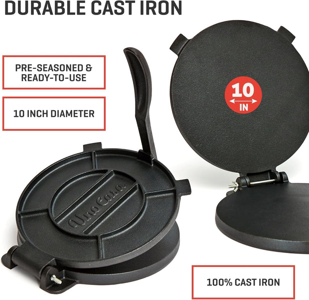 Uno Casa Cast Iron Tortilla Press 8 Inch - Tortilla Maker Press, Pre-Seasoned Roti Maker with 100 Pcs Parchment Paper - Heavy Duty Quesadilla Maker for Homemade Flatbreads, Rotis, Empanadas