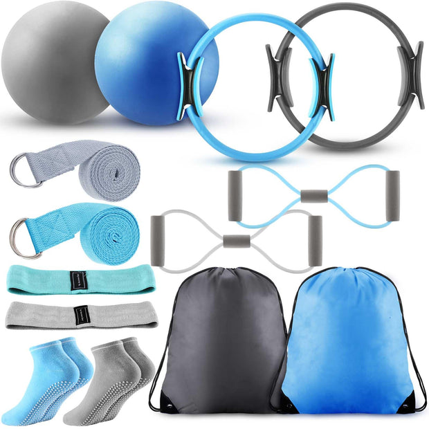 Poen Home Pilates Kit for Women Pilates Equipment Ring and Ball Set with Stretching Strap 8 Resistance Bands Non Slip Socks Gym Back Bags Exercise Equipment for Workout