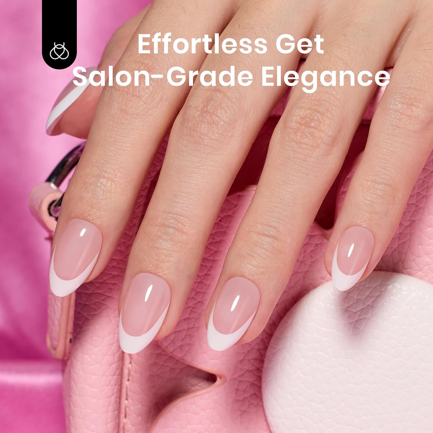 Beetles French Tip Press On Nails, 16 Sizes 224 Pcs Pink Short Almond Press On Nails 4 In 1 Gel Nail Tips Pre-Applied Primer Base Coat Soak Off Uv Nail Extension DIY Manicure Gift for Women