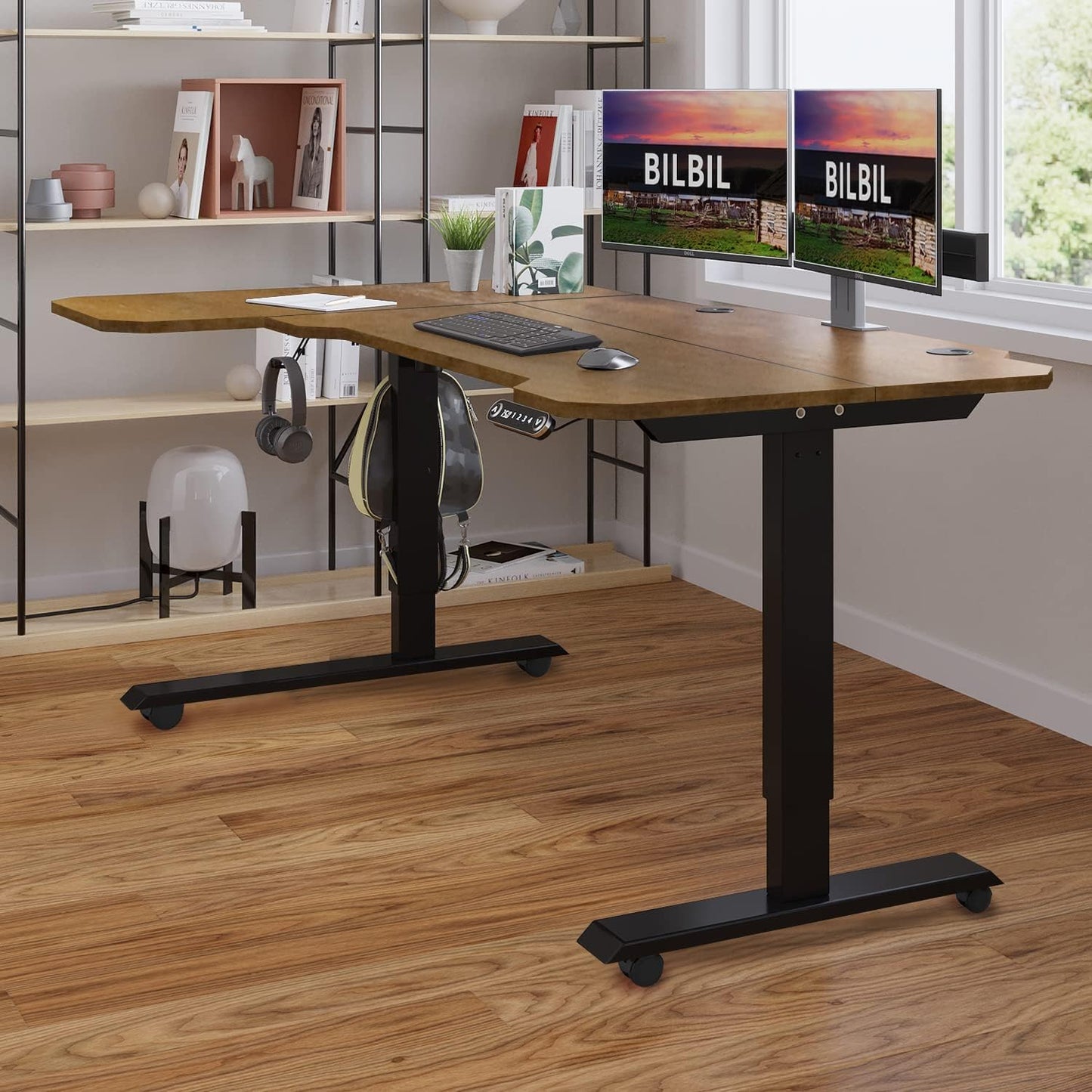 bilbil L-Shaped Electric Height Adjustable Standing Desk 59 Inches, Stand Up Rising Table for Home Office with Splice Board, Black Frame and Rustic Brown Top