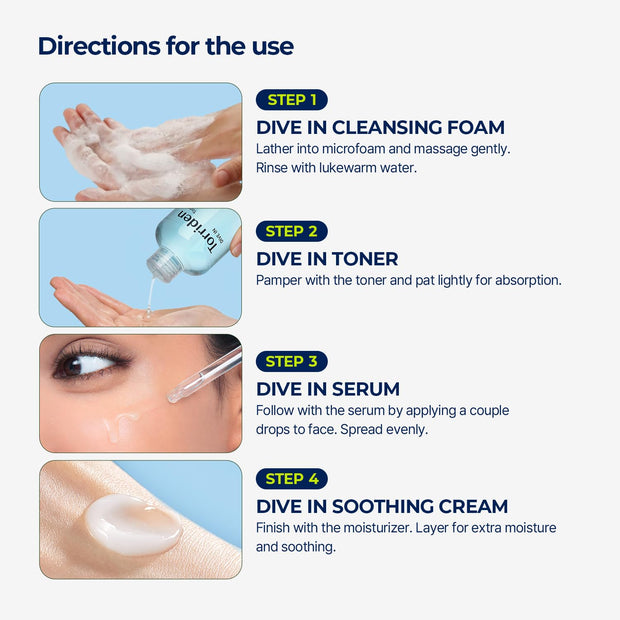 Torriden DIVE IN Trial Kit | Hyaluronic Acid Infused Daily Skincare Kit - 4 Step Regimen with Foam Cleanser, Facial Toner, Serum, and Cream | Korean Skin Care Travel Kit, Travel Essential