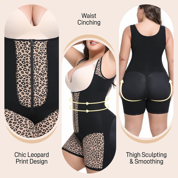 Women's Fajas Colombianas Shapewear Tummy Control Body Shaper Leopard Printed High Compression Garment SW11, Black