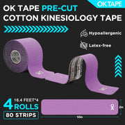 OK TAPE 4 Rolls Kinesiology Tape Precut, Cotton Elastic Athletic Tape Latex Free,20 Strips per Roll 2in x 16ft,Muscle Support,Mixcolor