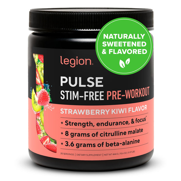 LEGION Pulse Pre Workout Supplement - All Natural Nitric Oxide Preworkout Drink to Boost Energy, Creatine Free, Naturally Sweetened, Beta Alanine, Citrulline, Alpha GPC (Caffeine Free Blue Razz)