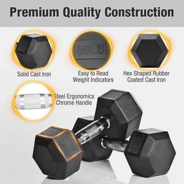 YUFER 6-10 Pair Hex Dumbbell Weight Set With Rack for Home Outdoor Gyms Rubber 5-50 lbs Exercise & Fitness Nonslip Handle Dumbbells and Storage Rack Hold 350/450/550 Pounds