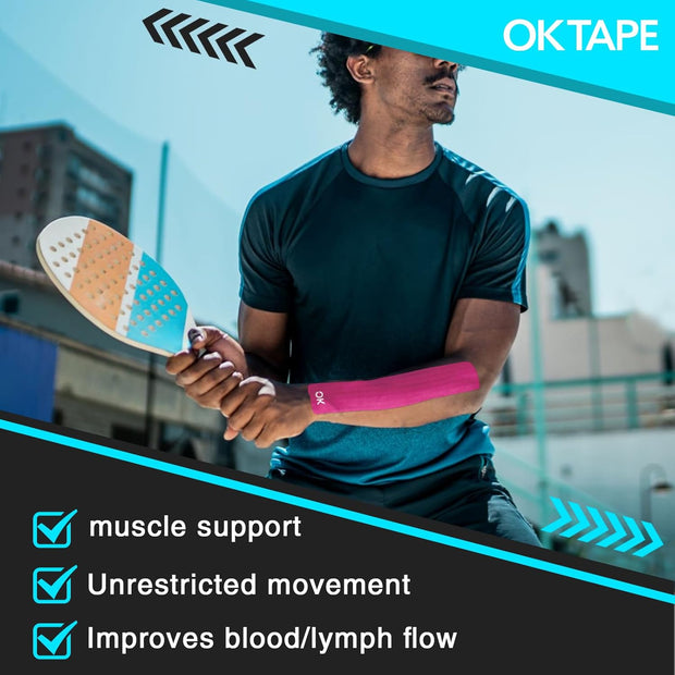 OK TAPE 4 Rolls Kinesiology Tape Precut, Cotton Elastic Athletic Tape Latex Free,20 Strips per Roll 2in x 16ft,Muscle Support,Mixcolor