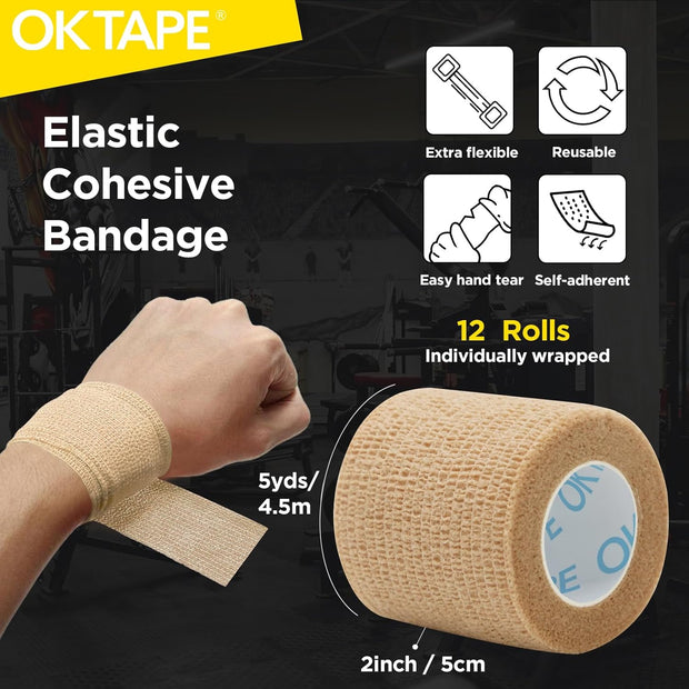 OK TAPE 12 Rolls Self Adhesive Bandage Wrap, Elastic Athletic Tape, Self Stick Bandage Tape, Vet Wrap, Medical Wrap for Wrist, Feet, 2" x 5 Yards - White