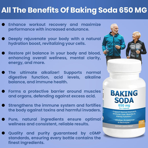 Natural Baking Soda Capsules - 650mg Baking Soda Tablets for Kidney & Stomach Acid - Sodium Bicarbonate Pills, Bicarbonate of Soda, Bicarbonato de Sodio para Tomar, Sodium Bicarbonate 650 mg Tablets
