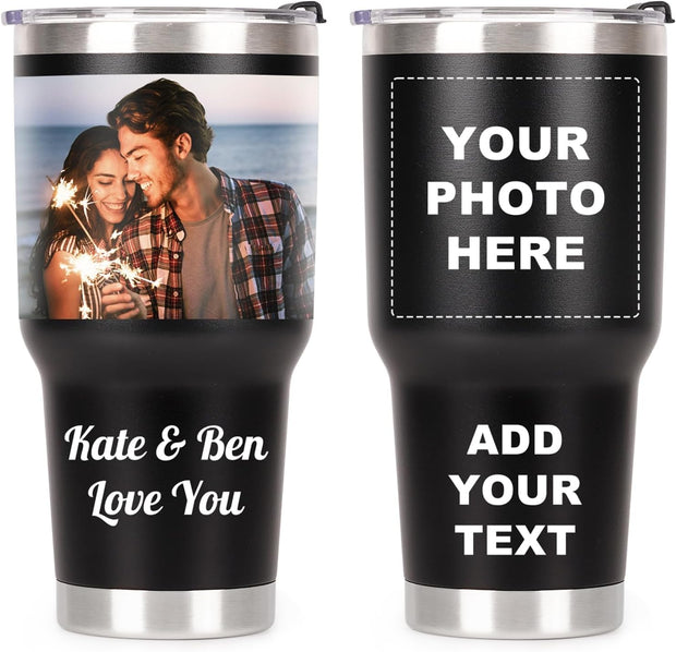 Personalized Coffee Tumbler, Custom Mugs with Pictures Text Name Logo, 30oz Stainless Steel Personalized Mug Cup, Fathers Day Anniversary Wedding Christmas Birthday Gifts for Women Men