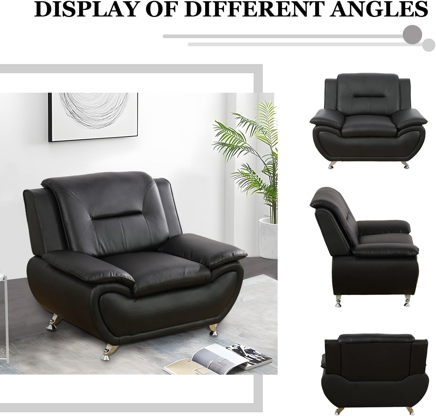 3 Piece Living Room Furniture Set, Leather Sofa Set for Living Room, Modern Couch Set with 3-Seater Sofa, Loveseat and Armchair (Black 2)