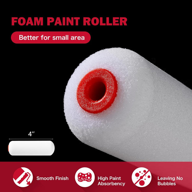 Mister Rui Foam Paint Roller, 8 Pack 4 Inch Paint Roller Kit, Complete 4" Mini Paint Roller Kit with Small Foam Paint Roller Covers, Frame, Tray and Liner for Professional Painting Results