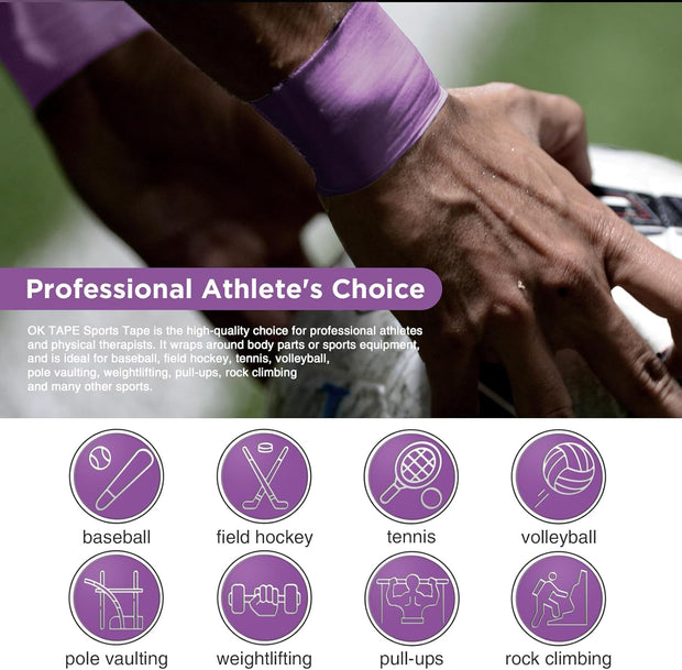 OK TAPE 4 Rolls Athletic Tape, Sports Tape for Injuries, Rigid, Easy Tear Medical Tape, Wrist Tape, No Sticky Residue | Secure Ankle, Finger, Knee- 1.5inch x 15yards (Purple)