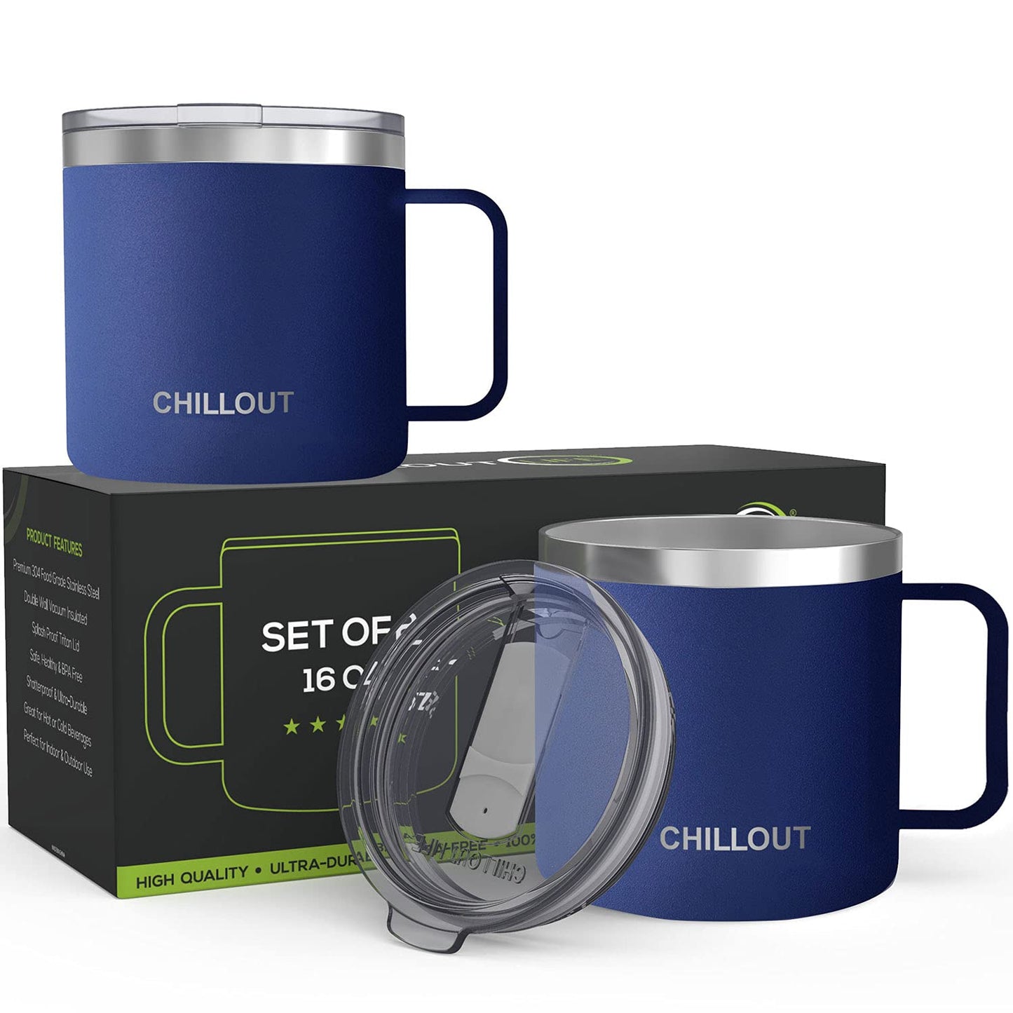 CHILLOUT LIFE Stainless Steel Vacuum Insulated Coffee Mug 16 oz (Set of 2) with Handle and Lid, Large Thermal Camping Coffee Mugs with Sliding Lid for Men & Women, Keeps Your Beverages Hot & Cold