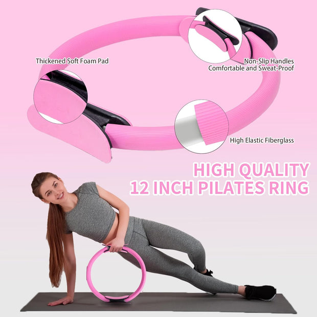 Pilates Essentials Kit for Home Women, Pilates Equipment for Workouts, 6 Fabric Resistance Bands, 12 Inch Magic Circle Yoga Ring, Mini Exercise Ball, Great Exercise Equipment