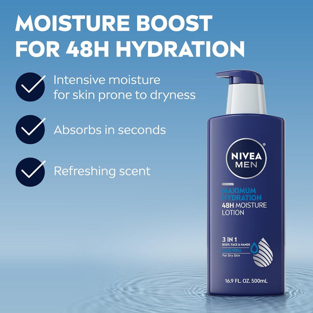 NIVEA MEN Maximum Hydration 48-Hour Moisture Body Lotion for Dry Skin, Aloe Vera Lotion for Men, 3-in-1 Body, Face and Hands, Dermatologically-Tested, 16.9 Fl Oz Bottle