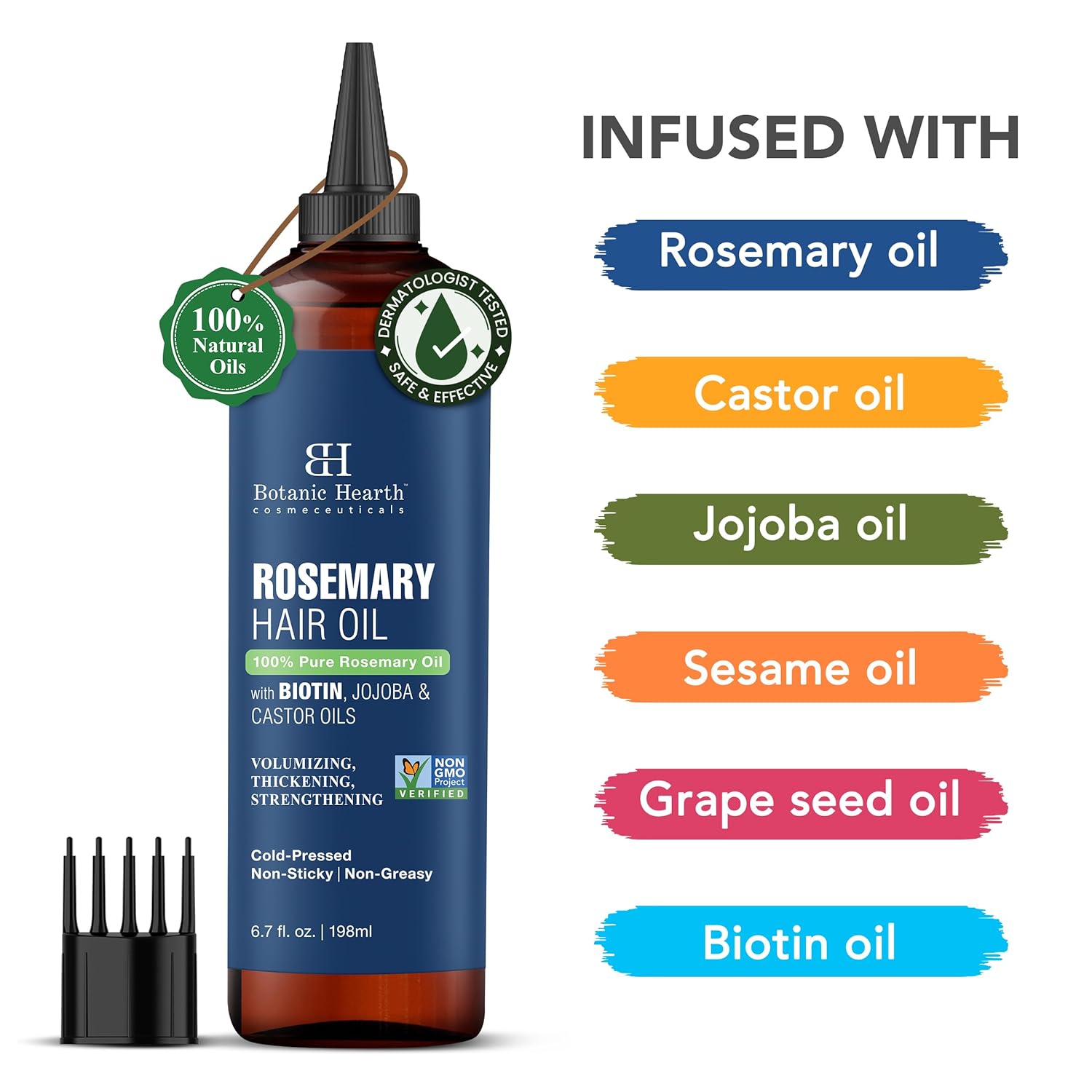 Botanic Hearth 100% Pure Rosemary Oil For Hair (6.7 fl oz) Infused With Biotin, Jojoba & castor Oil | Nourishing & Volumizing | Non GMO Verified