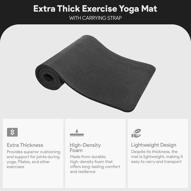 Yoga Mat 1-Inch Extra Thick High-Density Exercise Mat with Non-Slip Surface & Carry Strap for Men & Women Tear-Resistant Pilates Workout Mat for Home Gym, Floor Fitness