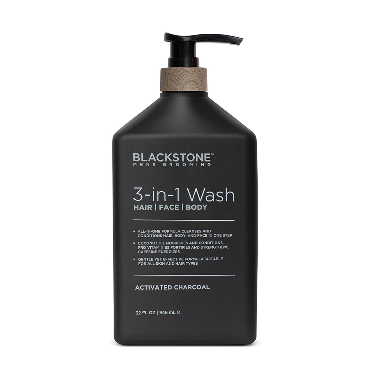 Blackstone Men's Grooming 3-in-1 Wash for Men with Coconut Oil, Vitamin B5 and Caffeine | Cleanses & Conditions Hair, Body, & Face | For All Skin & Hair Types - Activated Charcoal (32 Fl Oz)