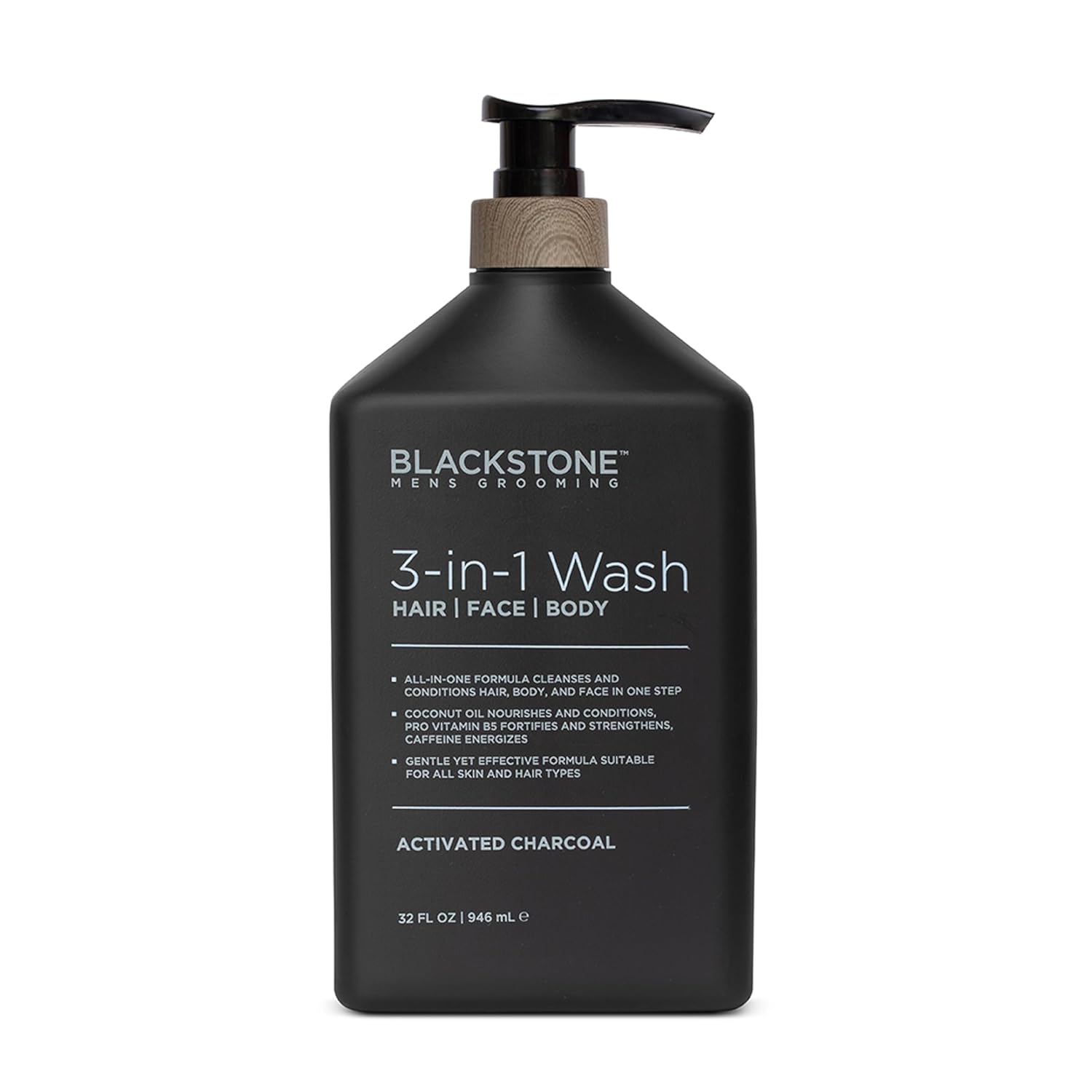 Blackstone Men's Grooming 3-in-1 Wash for Men with Coconut Oil, Vitamin B5 and Caffeine | Cleanses & Conditions Hair, Body, & Face | For All Skin & Hair Types - Activated Charcoal (32 Fl Oz)