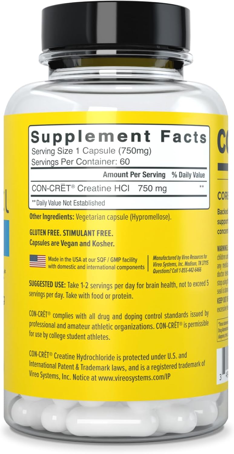Creatine HCl for Brain Health Capsules – Clinically Tested Support for Memory, Focus, Concentration, Problem-Solving, Clarity, and Mood.* | Made in USA (60 Day Supply)