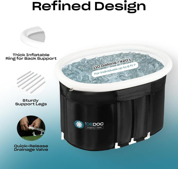 Recovery Long Pod XXL, Cold Plunge Ice Bath Tub for Athletes and Adults, Inflatable Cold Therapy Ice Barrel with Protective Lid Cover, Hooded Bathrobe, Stopwatch, Anti-Slip Mat