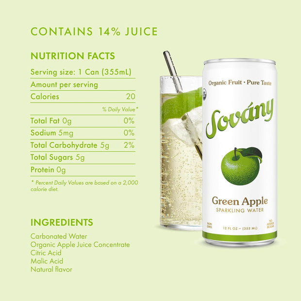 Sovány Sparkling Water, Green Apple, Seltzer Water Drinks, USDA Organic, Made With Real Fruit, Non-GMO, Vegan, No Added Sugar, Low Calorie, 12 fl oz, 12 Pack