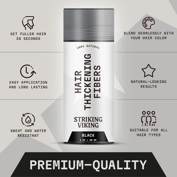 Striking Viking Hair Building Fibers for Thinning Hair (Black) 28g – Natural – Long-Lasting Powder for Undetectable, Thicker Look for Men & Women - Hair Fibers