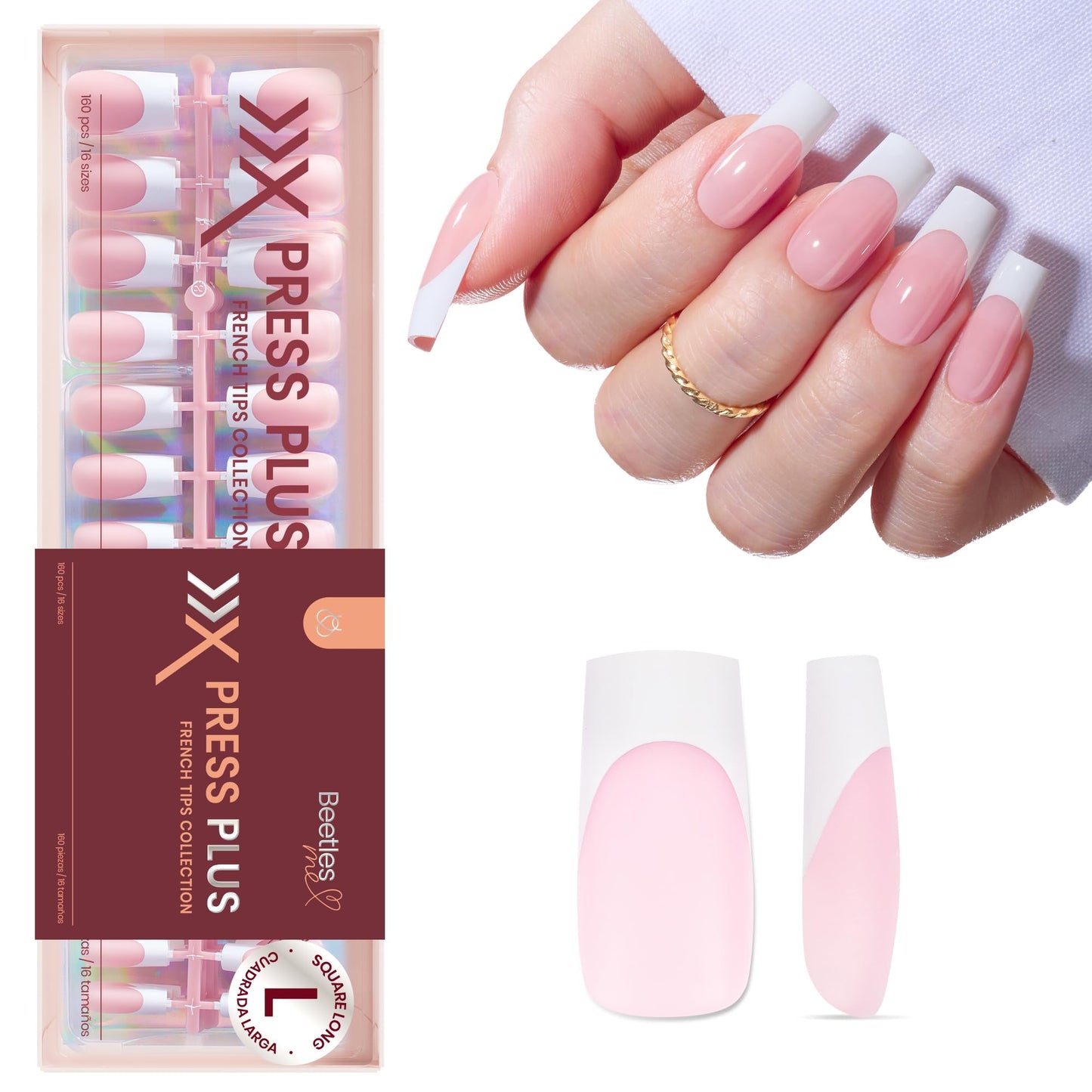 Beetles X Press Gel Nail Kit: Long Square French Tip Press On Nails Kit With 224Pcs Nail Tips Nail Glue & Builder Top Coat Mini UV Light, All-in-One DIY Designs Gift For Women At Home 16 Size