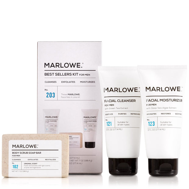 MARLOWE. Mens Skin Care Set, No. 204 Daily Essential Face Kit, No. 121 Facial Cleanser, No. 123 Facial Moisturizer, No. 127 Eye Cream, No. 128 Daily Face Lotion with SPF 50, Great Gift for Men