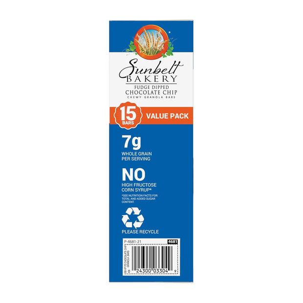 Sunbelt Bakery Fudge Dipped Chocolate Chip Chewy Granola Bars, Value Pack, 15 Count (Pack of 1)