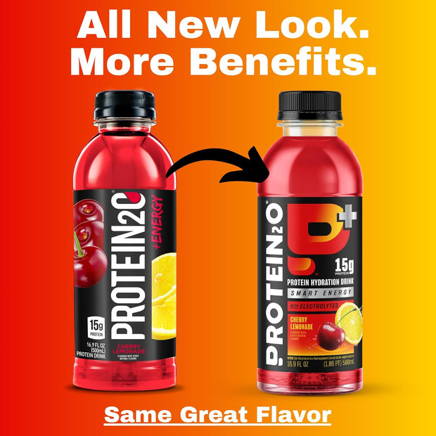 Protein2o 15g Whey Protein Isolate Hydration Drink Plus Energy & Focus, 350mg of Electrolytes, 125mg of Caffeine, Sugar Free, Cherry Lemonade, 16.9 oz Bottle (Pack of 12)
