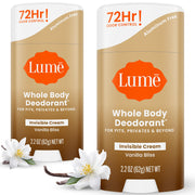 Lume Whole Body Deodorant - Invisible Cream Stick - 72 Hour Odor Control - Aluminum Free, Baking Soda Free, Skin Safe - 2.2 Ounce (Pack of 2) (Soft Powder)