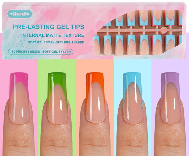 Misssix French Gel Nail Tips, 150Pcs French Tip Press on Nails Long Square Design, No Need to File Tips Pre-lasting, Fake Nails for Nail Art DIY 15 Sizes