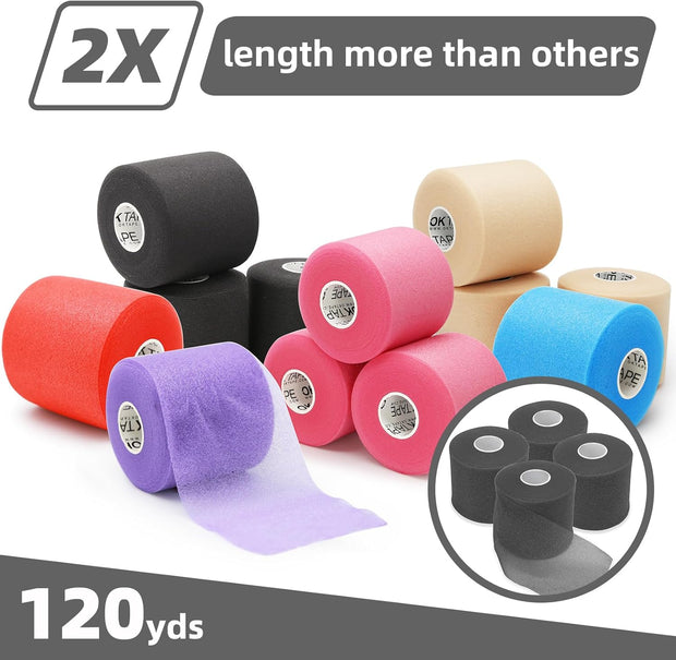 OK TAPE Pre Wrap Tape (4-Rolls) - Athletic Foam Underwrap for Sports, Protect for Ankles Wrists Hands and Knees, 2.75 Inches x 30 Yards - Black/Pink/Beige/White