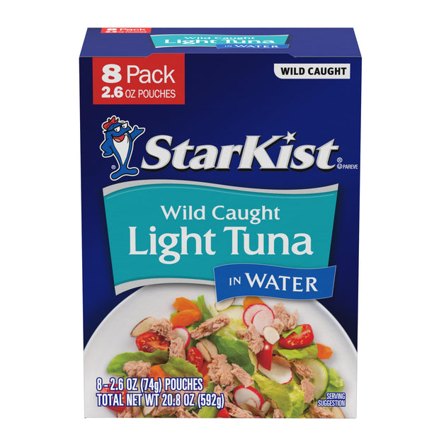 StarKist Chunk Light Tuna in Water, 2.6 oz Pouch (10 Pack) Ready to Eat Wild Caught Tuna, 17g Protein, 70 Calories Per Serving, Gluten Free, Soy Free, Kosher, Perfect for Salads, Keto Meals and Snacks