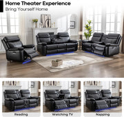 Power Recliner Sofa Set of 3 Piece with Bass Speakers for Living Room,Faux Leather Electric Zero Gravity 3 Seater Reclining Couch with Wireless Charger and Loveseat Theater Chair with LED Lights,Black