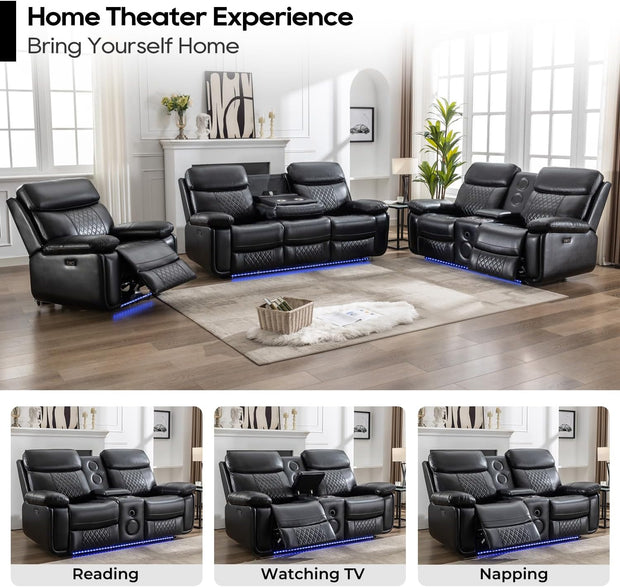 Power Recliner Sofa Set of 3 Piece with Bass Speakers for Living Room,Faux Leather Electric Zero Gravity 3 Seater Reclining Couch with Wireless Charger and Loveseat Theater Chair with LED Lights,Black