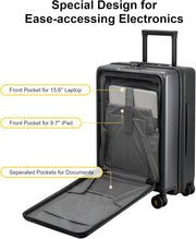 LEVEL8 Carry On Luggage with Compartment, 20 Inch Lightweight Hard Shell Rolling Suitcase with Wheels Airline Approved with Front Pocket, Double Tsa Locks, Grey