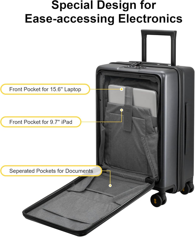 LEVEL8 Carry On Luggage with Compartment, 20 Inch Lightweight Hard Shell Rolling Suitcase with Wheels Airline Approved with Front Pocket, Double Tsa Locks, Grey