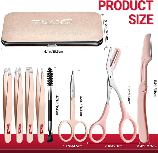TsMADDTs Tweezers for Women Facial Hair, 8 in 1 Eyebrow Kit with Tweezers, Eyebrow Trimmer Scissors, Razor, Brush with Travel Bag, Hair Plucking Daily Beauty Tools