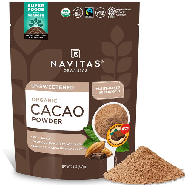Navitas Organics Cacao Powder - Cocoa Powder Substitute 1:1, For Hot Chocolate, Baking & More - Regenerative Organic Certified, Non GMO, Fairtrade, Gluten Free, Non-alkalized (8oz. Bag, 38 Servings)
