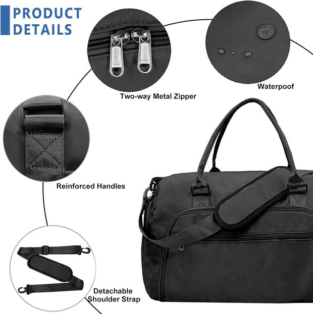 woogwin Small Gym Bag for Men & Women with Shoes & Wet Compartment Waterproof Duffle Bag for Travel Sports Workout Overnight Weekender(17.7'',Black)