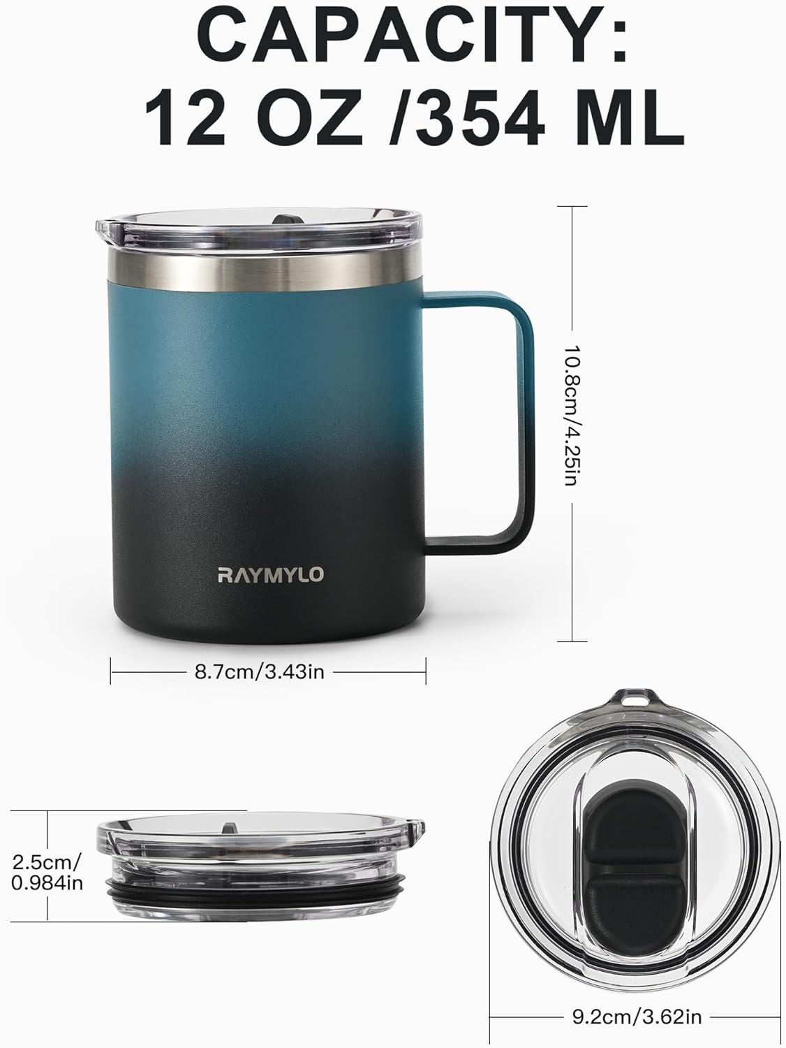 Insulated Coffee Mug 12 oz, Double Wall Stainless Steel Coffee Mug with Lids, Leak-Proof & Detachable Slider Lid for Thorough Clean, Keeps Coffee Cold for 9 Hrs, Suitable for Camp Home Office