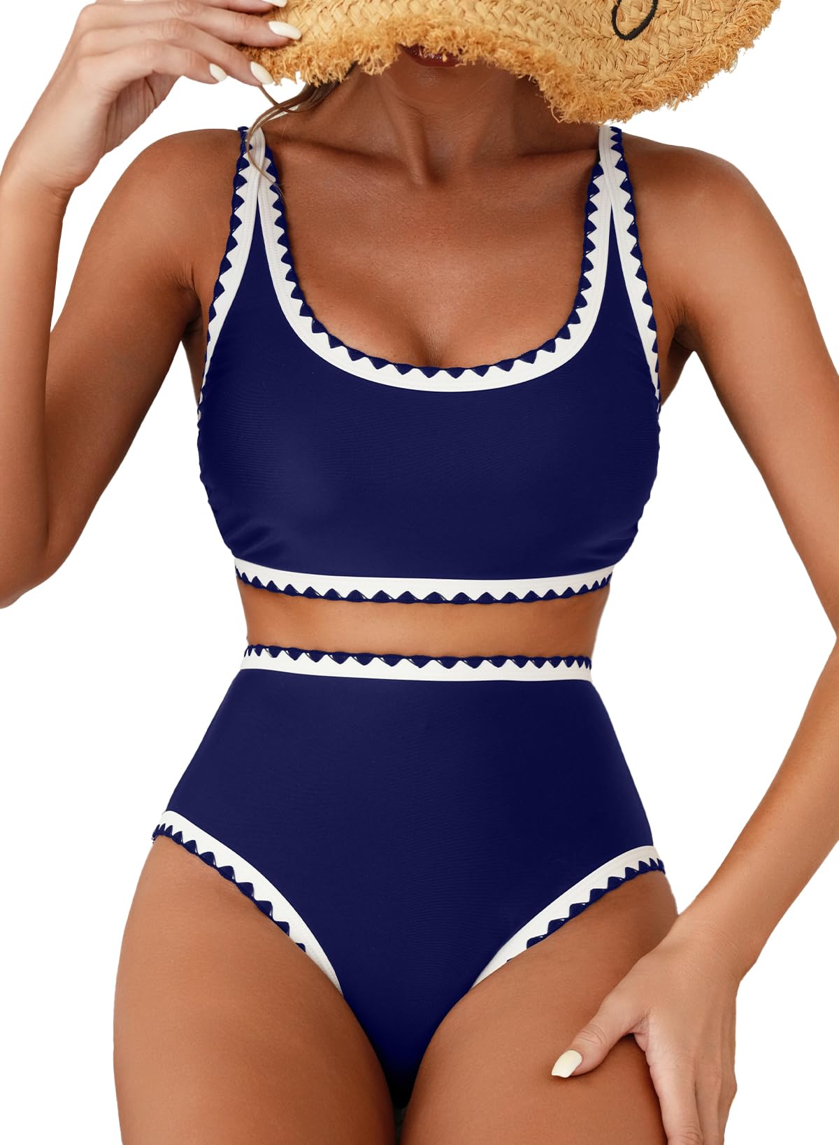 Herseas Women's Bikini Sets Floral Print Whip Stitch 2 Piece Swimsuits High Waisted Scoop Bathing Suits