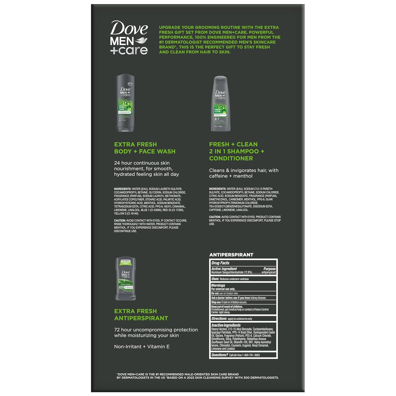 Dove Men + Care Bundle – Extra Fresh Body Wash & 72H Deodorant + Fresh + Clean 2-in-1 Shampoo and Conditioner, Citrus Scent (3 Piece Set)