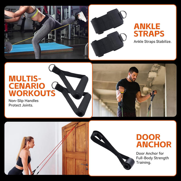 Resistance Bands Workouts Set for Men and Women with Handles - Heavy Duty 150lbs, 11 Piece Elastic Tube Kit for Gym & Home, Strength Training, Yoga, Pilates Therapy for Legs, Chest Power Systems