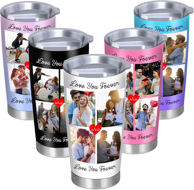Personalized Tumblers with Pictures Lids and Straws 20 oz Custom Photo Stainless Steel Coffee Tumbler with Name Text Coffee Mug Cup Gifts for Christmas Anniversary Birthday for Dad Mom Friend